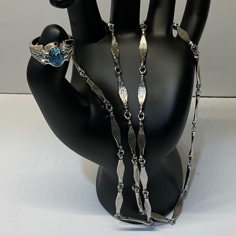 Avon Silvertone Aquamarine Ring Size 5 & Sarah Coventry Necklace